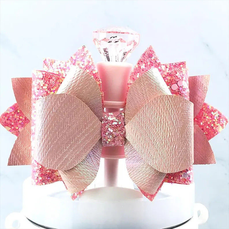 Wholesale Shiny diamond straw hat decorated with big bowknot cartoon cute doll silicone straw cover